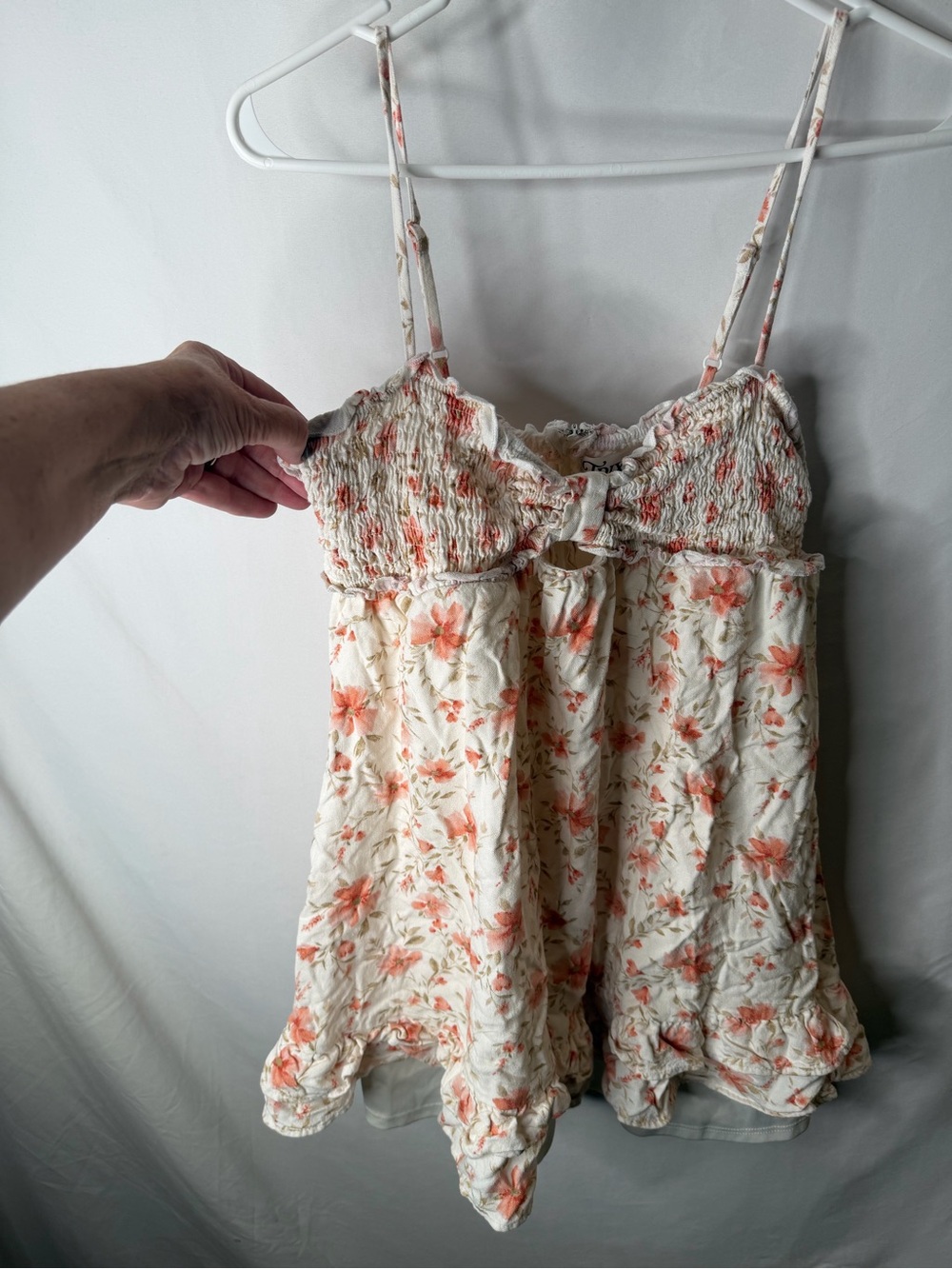 Trixxi Cream Floral Smocked Spaghetti Strap Camisole with Peach Flowers